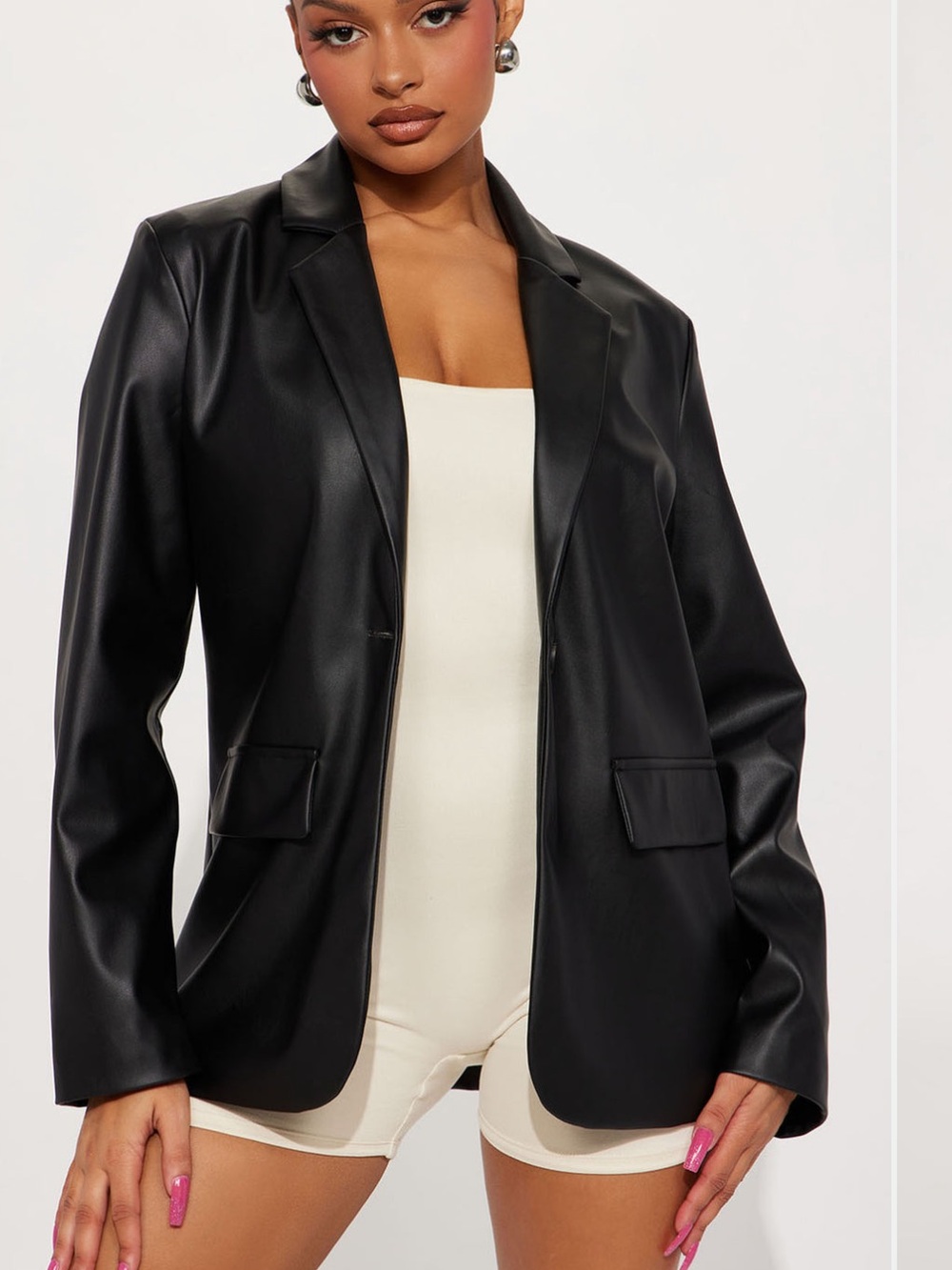Faux Leather Blazer - Black